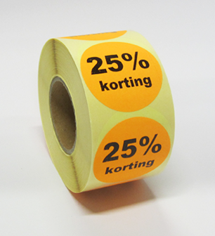 Goedkeuring door elkaar haspelen systematisch 25% korting" stickers Fluor Oranje 50 mm rond op rol - drukwerkaanbieding