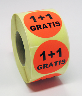 225 &quot;1+1 GRATIS&quot; stickers op rol 50 mm rond