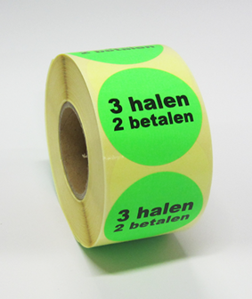 225 &quot;3 halen 2 betalen!&quot; stickers op rol 50 mm rond