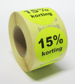 225 &quot;15% korting&quot; stickers op rol 50 mm rond