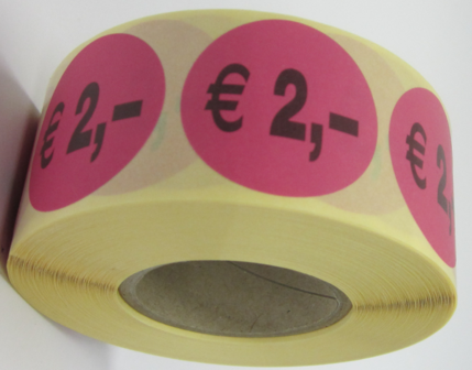 1.000 ex. &quot;&euro; 2,-&quot; prijs stickers op rol  35 mm rond