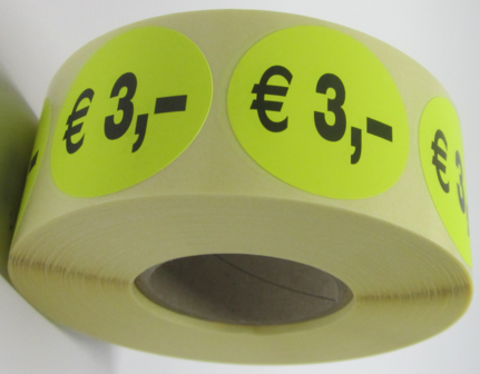 1.000 ex. &quot;&euro; 3,-&quot; prijs stickers op rol  35 mm rond