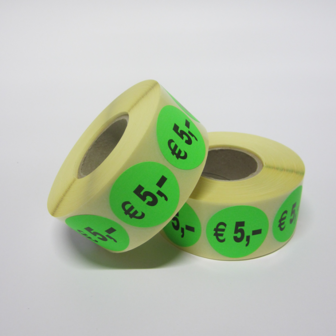 1.000 ex. &quot;&euro; 5,-&quot; prijs stickers op rol  35 mm rond