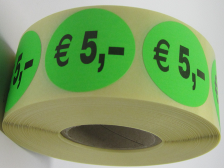 1.000 ex. &quot;&euro; 5,-&quot; prijs stickers op rol  35 mm rond