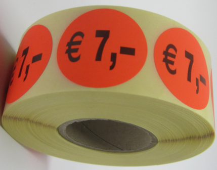 1.000 ex. &quot;&euro; 7,-&quot; prijs stickers op rol  35 mm rond