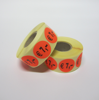 1.000 ex. &quot;&euro; 7,-&quot; prijs stickers op rol  35 mm rond