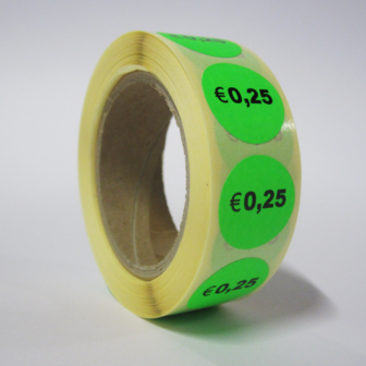 500 ex. Prijsstickers &euro; 0,25 op rol 20 mm rond