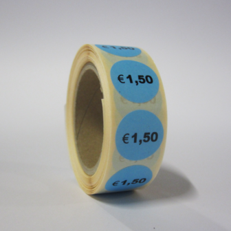 500 ex. Prijsstickers &euro; 1,50 op rol 20 mm rond