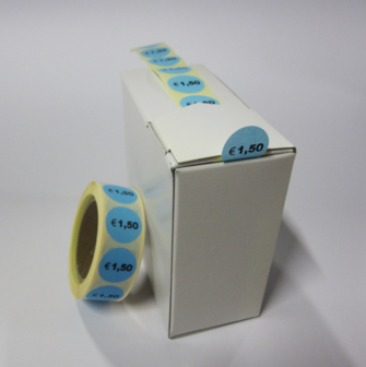 500 ex. Prijsstickers &euro; 1,50 op rol 20 mm rond