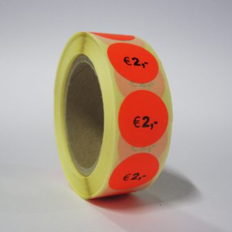 500 ex. Prijsstickers &euro; 2,- op rol 20 mm rond