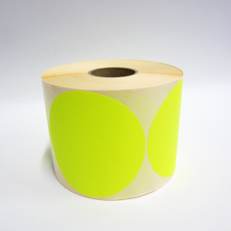 100 Stickers op rol  100 mm rond Fluor Geel