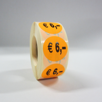 1.000 ex. &quot;&euro; 6,-&quot; prijs stickers op rol  35 mm rond