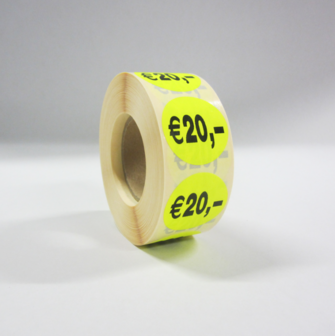 1.000 ex. &quot;&euro; 20,-&quot; prijs stickers op rol  35 mm rond