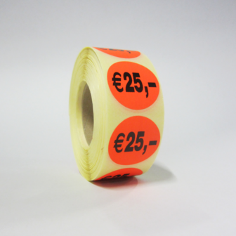 1.000 ex. &quot;&euro; 25,-&quot; prijs stickers op rol  35 mm rond