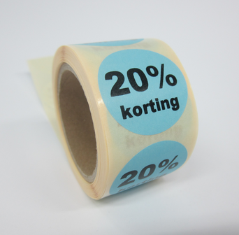 20% Kortings stickers of kortings etiketten op rol. fluor oranje, fluor rood, fluor groen, mat wit, fluor geel, mat blauw, fluo