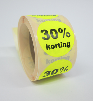 30% Kortings stickers of kortings etiketten op rol. fluor oranje, fluor rood, fluor groen, mat wit, fluor geel, mat blauw, fluo