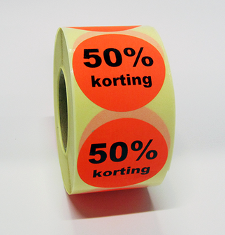 50% korting stickers of etiketten op rol. Keuze uit: Fluor rood, groen, geel, roze of oranje, mat wit, mat blauw of mat geel pa