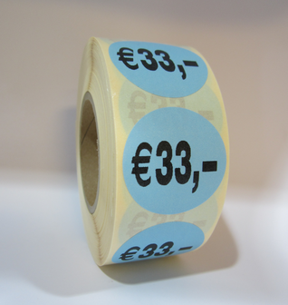    &quot;&euro;33,00&quot; prijs stickers op rol 35 mm rond