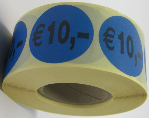 "€ 10,-" prijs stickers op rol  35 mm rond
