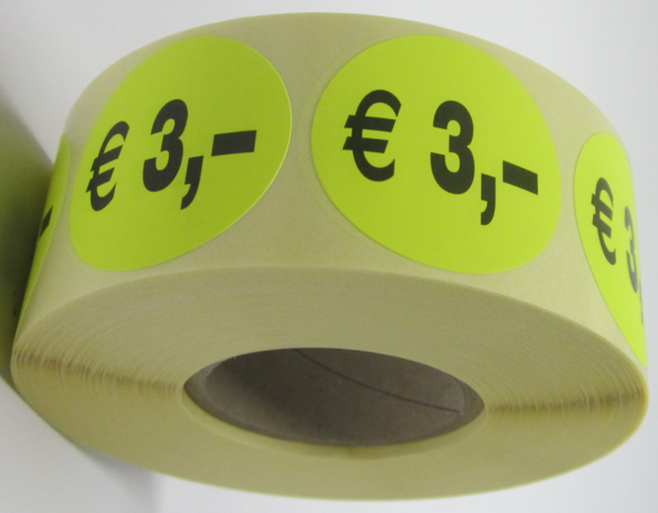 1.000 ex. "€ 3,-" prijs stickers op rol  35 mm rond