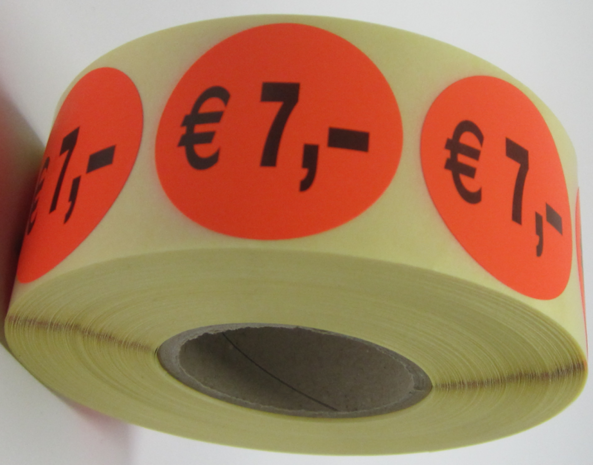 1.000 ex. "€ 7,-" prijs stickers op rol  35 mm rond