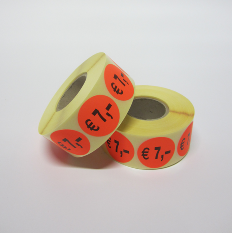 1.000 ex. "€ 7,-" prijs stickers op rol  35 mm rond