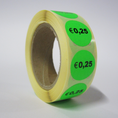 500 ex. Prijsstickers € 0,25 op rol 20 mm rond