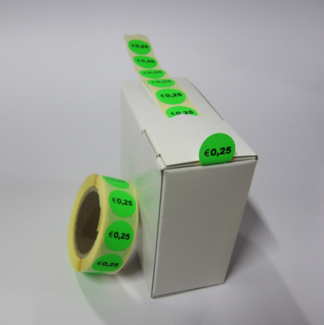 500 ex. Prijsstickers € 0,25 op rol 20 mm rond