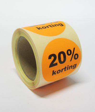 20% Kortings stickers of kortings etiketten op rol. fluor oranje, fluor rood, fluor groen, mat wit, fluor geel, mat blauw, fluo