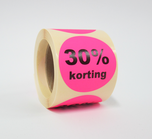 30% Kortings stickers of kortings etiketten op rol. fluor oranje, fluor rood, fluor groen, mat wit, fluor geel, mat blauw, fluo